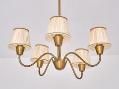 Hans Bergstr m Hans Bergstr m Five Arm Brass Chandelier with Pleated Shades Sweden 1950s - 3959751