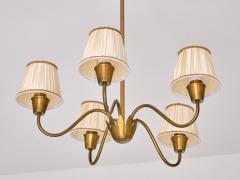 Hans Bergstr m Hans Bergstr m Five Arm Brass Chandelier with Pleated Shades Sweden 1950s - 3959752