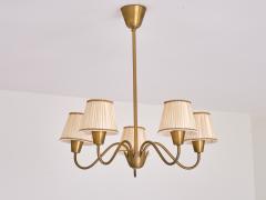 Hans Bergstr m Hans Bergstr m Five Arm Brass Chandelier with Pleated Shades Sweden 1950s - 3959753