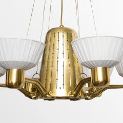 Hans Bergstr m SCANDINAVIAN SIX ARM BRASS CHANDELIER WITH FABRIC SHADES  - 1094792