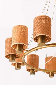 Hans Bergstr m Scandinavian Modern Ceiling Lamp in Brass and Cane by Hans Bergstr m 1940s - 4744233