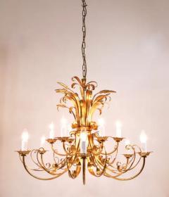 Hans K gl Hans K gl XL Hollywood Regency Wheat Floral Bouquet Gilt Iron Chandelier 1970s - 4068057