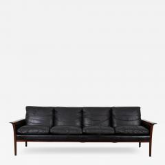 Hans Olsen Mid Century Danish Modern Rosewood Hans Olsen Sofa Couch Black Leather Cushions - 3864538