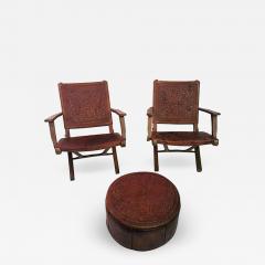 Hans Wegner Great Pair of Hans Wegner Style Saddle Tooled leather Folding Chairs and Ottoman - 455705