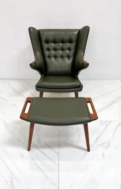 Hans Wegner Hans J Wegner AP19 Papa Bear Chair and Ottoman A P Stolen Olive Green Leather - 3176513