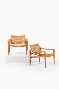 Hans Wegner Pair of Easy Chairs in Oak Woven Cane Brass and Leather by Hans Wegner 1959 - 4369835