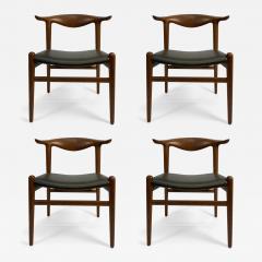 Hans Wegner Set of 4 Cow Horn Chairs in Oak with Olive Green Leather for Johannes Hansen - 3505166