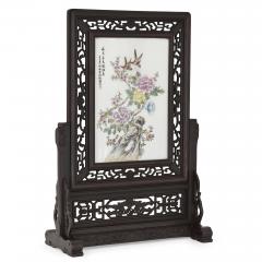 Hardwood and painted porcelain Chinese screen - 1451669