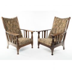 Harris Lebus Two English Arts Crafts Oak Reclining Armchairs with Large Flat Extended Arms - 4183205