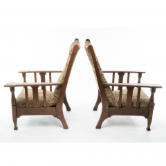 Harris Lebus Two English Arts Crafts Oak Reclining Armchairs with Large Flat Extended Arms - 4183207