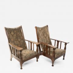 Harris Lebus Two English Arts Crafts Oak Reclining Armchairs with Large Flat Extended Arms - 4206315