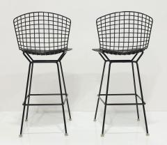 Harry Bertoia Pair of Bertoia Bar Height Stools in Black with Volo Leather Seat Pad - 3719698