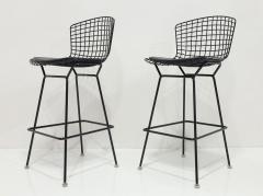 Harry Bertoia Pair of Bertoia Bar Height Stools in Black with Volo Leather Seat Pad - 3719699