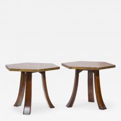 Harvey Probber Harvey Probber Acid Etched Bronze and Mahogany Hexagon Side Tables Pair - 4351482