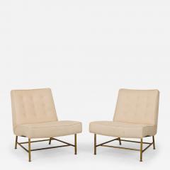 Harvey Probber Harvey Probber Beige Zig Zag Textured Upholstery and Brass Slipper Chairs - 2791565
