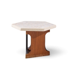 Harvey Probber Harvey Probber Mid Century Walnut and Terrazzo Top Hexagon Side Tables Pair - 4795414