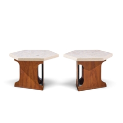 Harvey Probber Harvey Probber Mid Century Walnut and Terrazzo Top Hexagon Side Tables Pair - 4796068