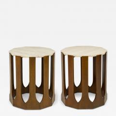 Harvey Probber Pair of Harvey Probber Travertine Topped Wood Decagon End Side Tables - 4298135