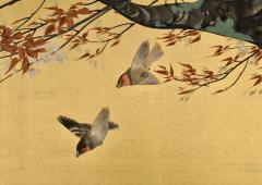 Hasegawa Gyokujun Meiji era Japanese Screen Pair Two panel Spring Autumn Birds Flowers - 4388019