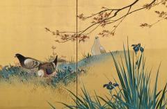 Hasegawa Gyokujun Meiji era Japanese Screen Pair Two panel Spring Autumn Birds Flowers - 4388026