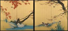 Hasegawa Gyokujun Meiji era Japanese Screen Pair Two panel Spring Autumn Birds Flowers - 4388040