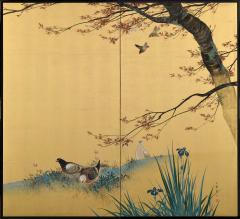 Hasegawa Gyokujun Meiji era Japanese Screen Pair Two panel Spring Autumn Birds Flowers - 4388044