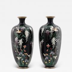 Hayashi Chuzo Pair of Meiji Antique Japanese Cloisonne Enamel Wisteria Bird Vases - 3907899