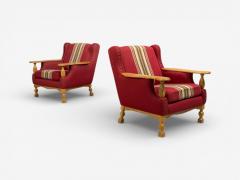 Henning Kjaernulf Henning Kj rnulf Style Lounge Chairs Red Fabric Oak Denmark 1960s - 4529548