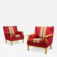 Henning Kjaernulf Henning Kj rnulf Style Lounge Chairs Red Fabric Oak Denmark 1960s - 4532298