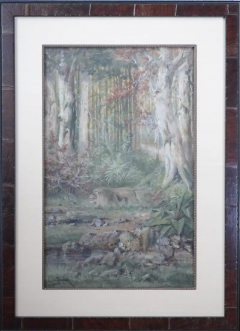 Henri Langerock Henri Langerock Belgium Watercolor Prowling Lion in the Jungle - 3013082