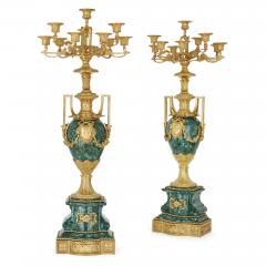 Henri Picard Napoleon III Period Neoclassical Malachite and Gilt Bronze Clock Set by Picard - 3640575