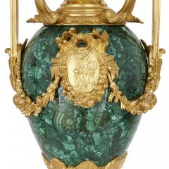 Henri Picard Napoleon III Period Neoclassical Malachite and Gilt Bronze Clock Set by Picard - 3640576