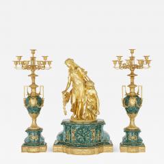 Henri Picard Napoleon III Period Neoclassical Malachite and Gilt Bronze Clock Set by Picard - 3643917