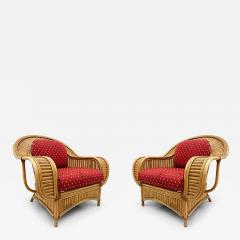 Henry Olko Vintage Coastal Henry Olko Style Rattan Club Chairs with Leather Pair - 3514532