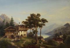 Hermann Seefisch Chalet by Lake Antique Oil Painting by Hermann Seefisch German c 1850 - 831105