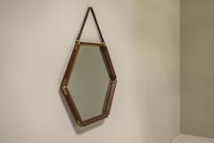 Hexagonal Teak Mirror with Brass and Leather Italy 1960s - 3673582