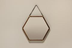 Hexagonal Teak Mirror with Brass and Leather Italy 1960s - 3673583