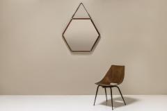 Hexagonal Teak Mirror with Brass and Leather Italy 1960s - 3673588
