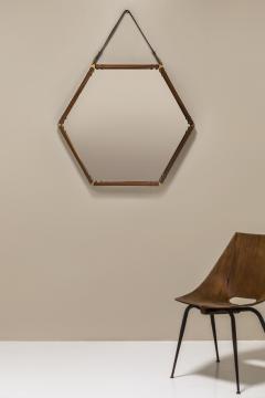 Hexagonal Teak Mirror with Brass and Leather Italy 1960s - 3673590