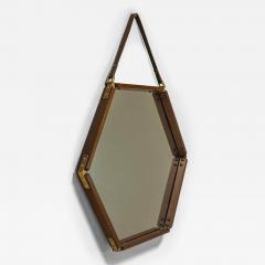Hexagonal Teak Mirror with Brass and Leather Italy 1960s - 3675875