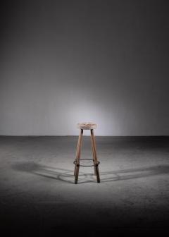 High French Teak Stool with Metal Foot Ring - 2698334