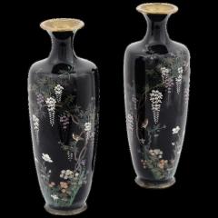 High Quality Meiji Japanese Era Black Cloisonne Enamel Wisteria and Bird Vases - 3901536