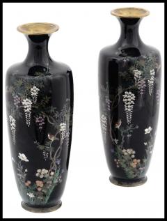 High Quality Meiji Japanese Era Black Cloisonne Enamel Wisteria and Bird Vases - 3901540