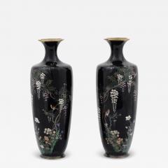 High Quality Meiji Japanese Era Black Cloisonne Enamel Wisteria and Bird Vases - 3909777