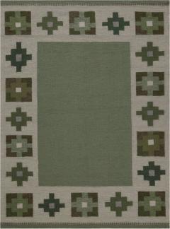 High quality Vintage Swedish Beige Green Flat Weave Wool Rug - 2441974