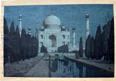 Hiroshi Yoshida Framed Japanese Woodblock Print Hiroshi the Taj Mahal Gardens at Night - 3243047