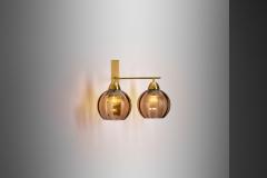 Holger Johansson Brass and Smoke Glass Wall Light by Holger Johansson Sweden 20th Century - 3673657