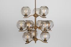 Holger Johansson Holger Johansson Brass Chandelier with 12 Glass Shades for Westal Sweden 1970s - 3227900