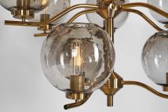 Holger Johansson Holger Johansson Brass Chandelier with 12 Glass Shades for Westal Sweden 1970s - 3227917