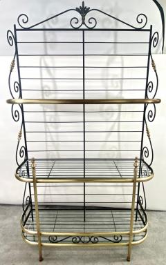 Hollywood Regency Bakers Rack or Shelf Three Tier Wrought Iron and Brass - 3184362